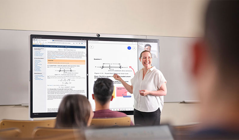 Uma pessoa em pé fazendo uma apresentação diante de uma grande tela digital exibindo diagramas, texto e uma interface on-line, enquanto os alunos sentam e observam em uma sala de aula.