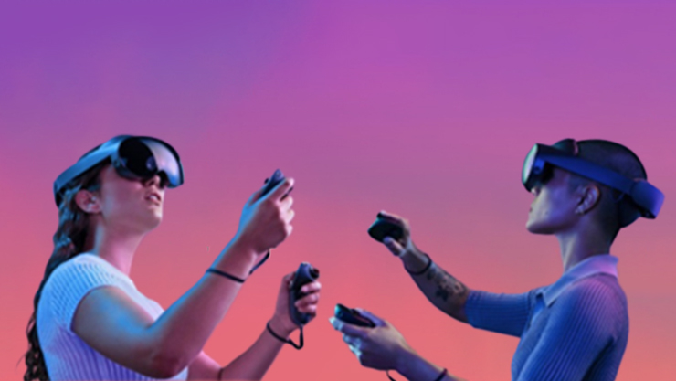 Two people with holo lense playing around with a gradiant purple background