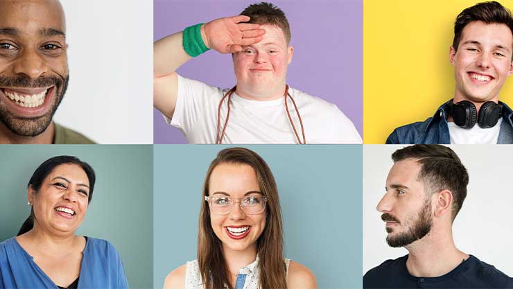 Six people in portrait smiling with different color backgrounds